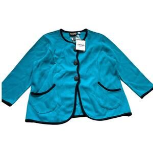 Bob Mackie Wearable Art Scallop Trim Cardigan Pockets New with Tags L Teal Blue
